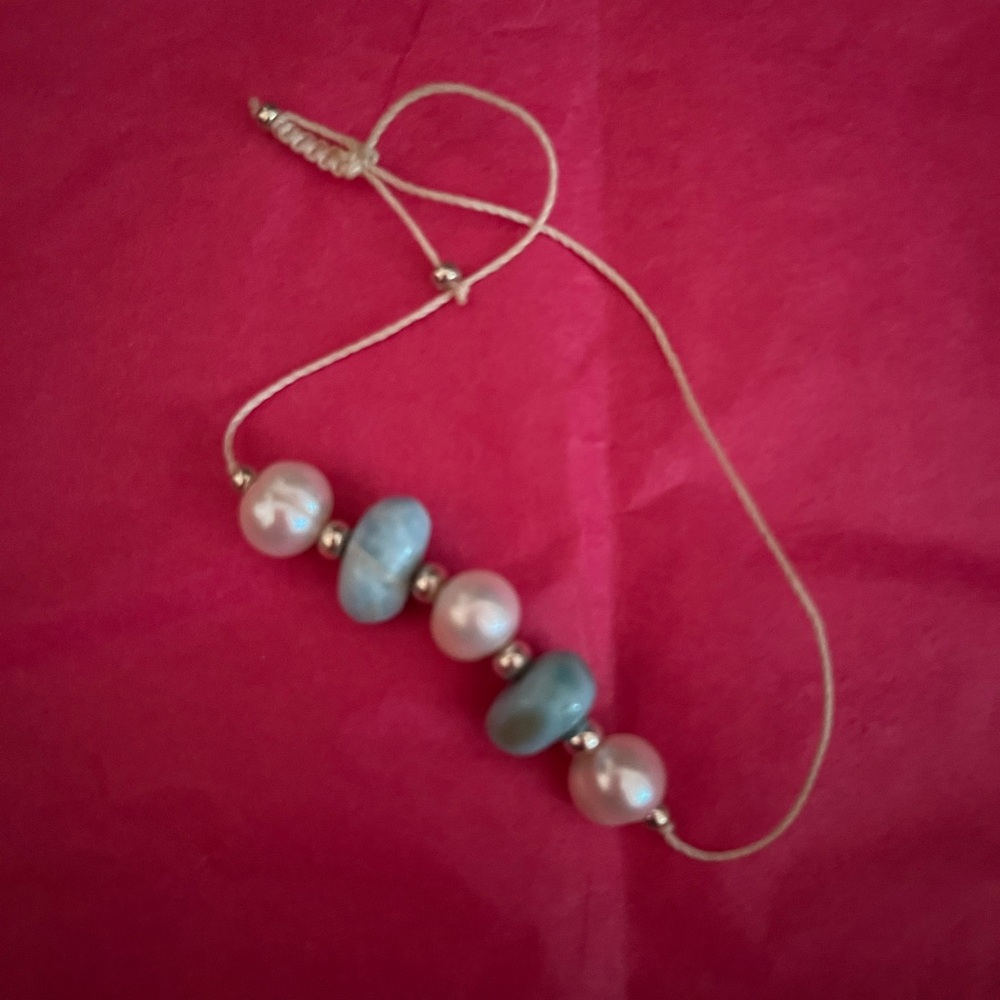 Larimar, silver and pearl adjustable bracelet